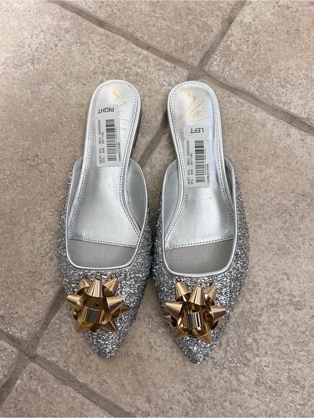 ANTONIO MELANI Silver Glitter Pointed Mules with Gold Bow